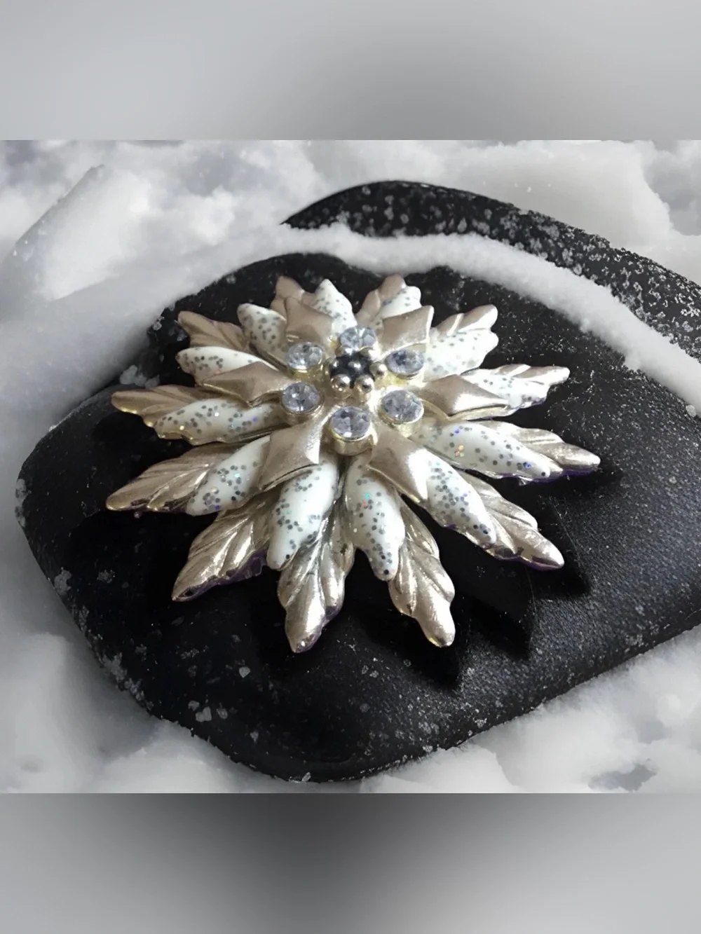 Vintage Silver and White Snowflake Brooch with Crystal Centers